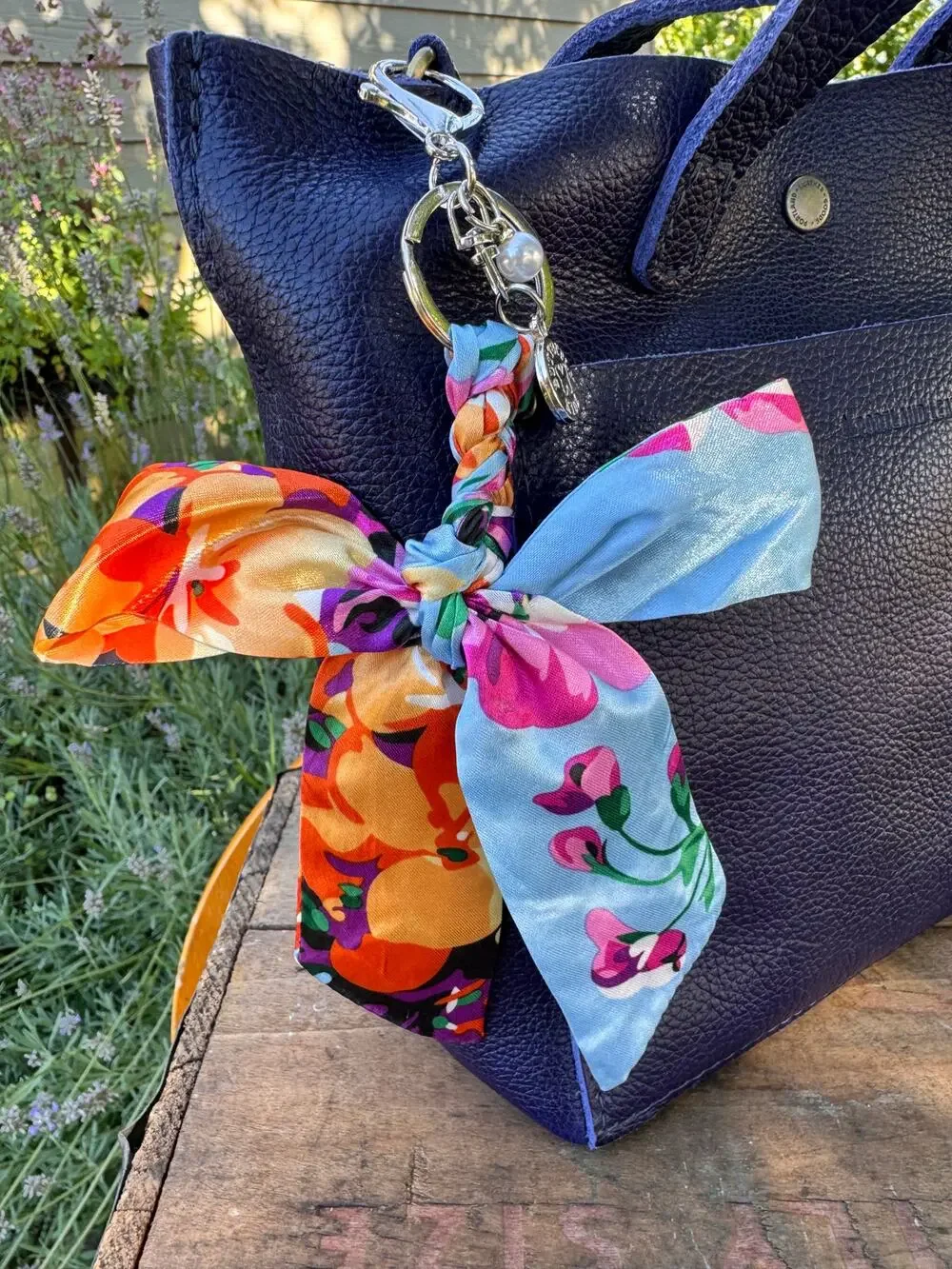 Satin Orange Pink Blue Floral Print Bow Bag Charm Floral Purse Charm